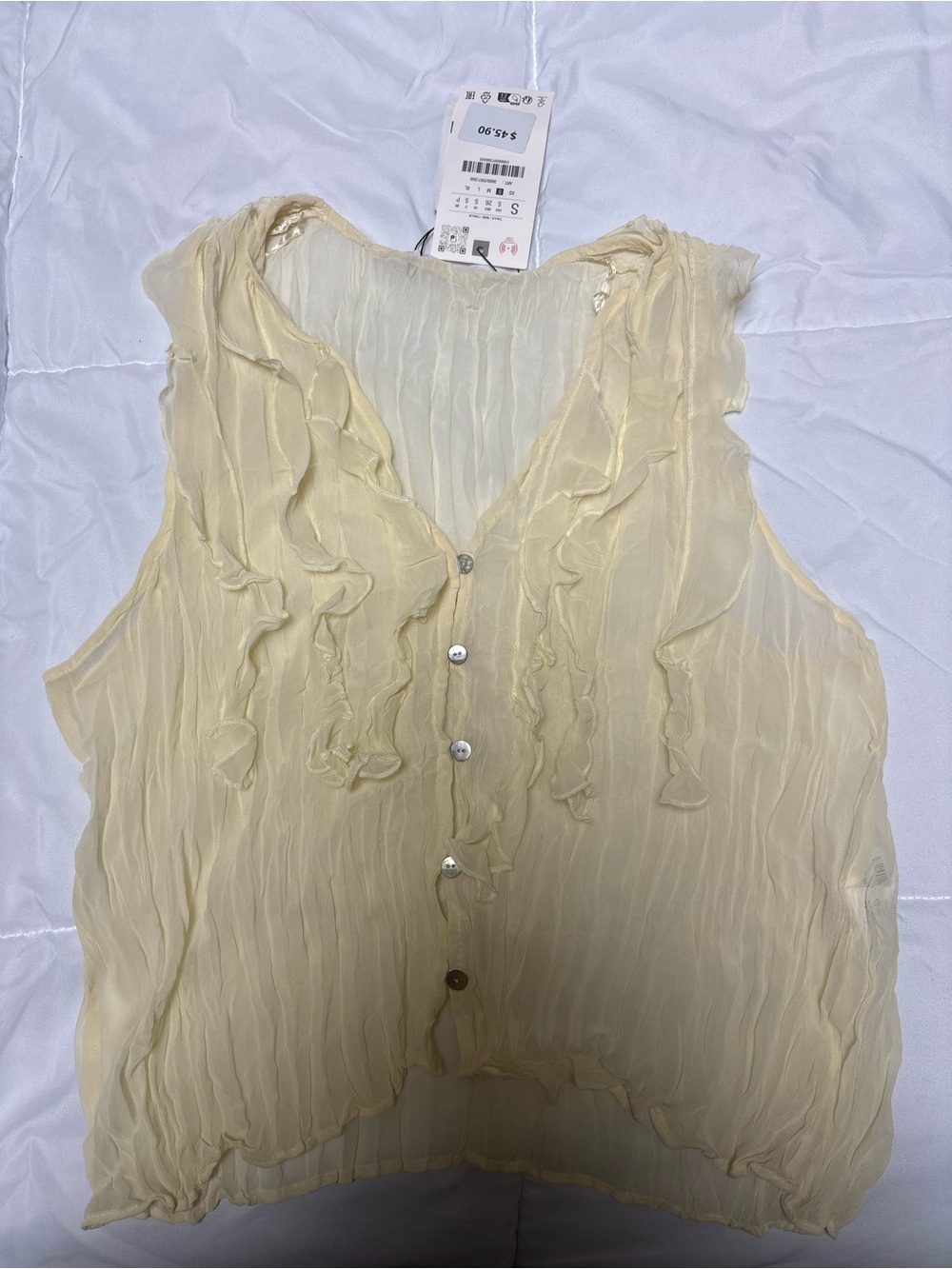 Zara Light Yellow Ruffled Sleeveless Blouse